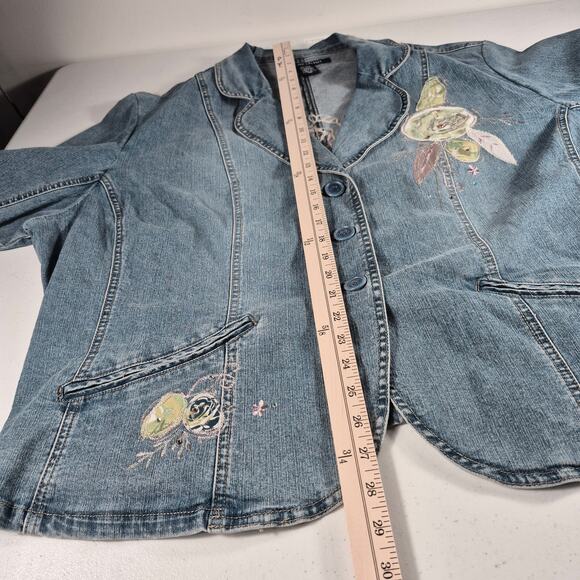 D'Mode Classix Blue Denim Embellished Floral Vintage Jacket Coat Blazer 3 X - Picture 4 of 6